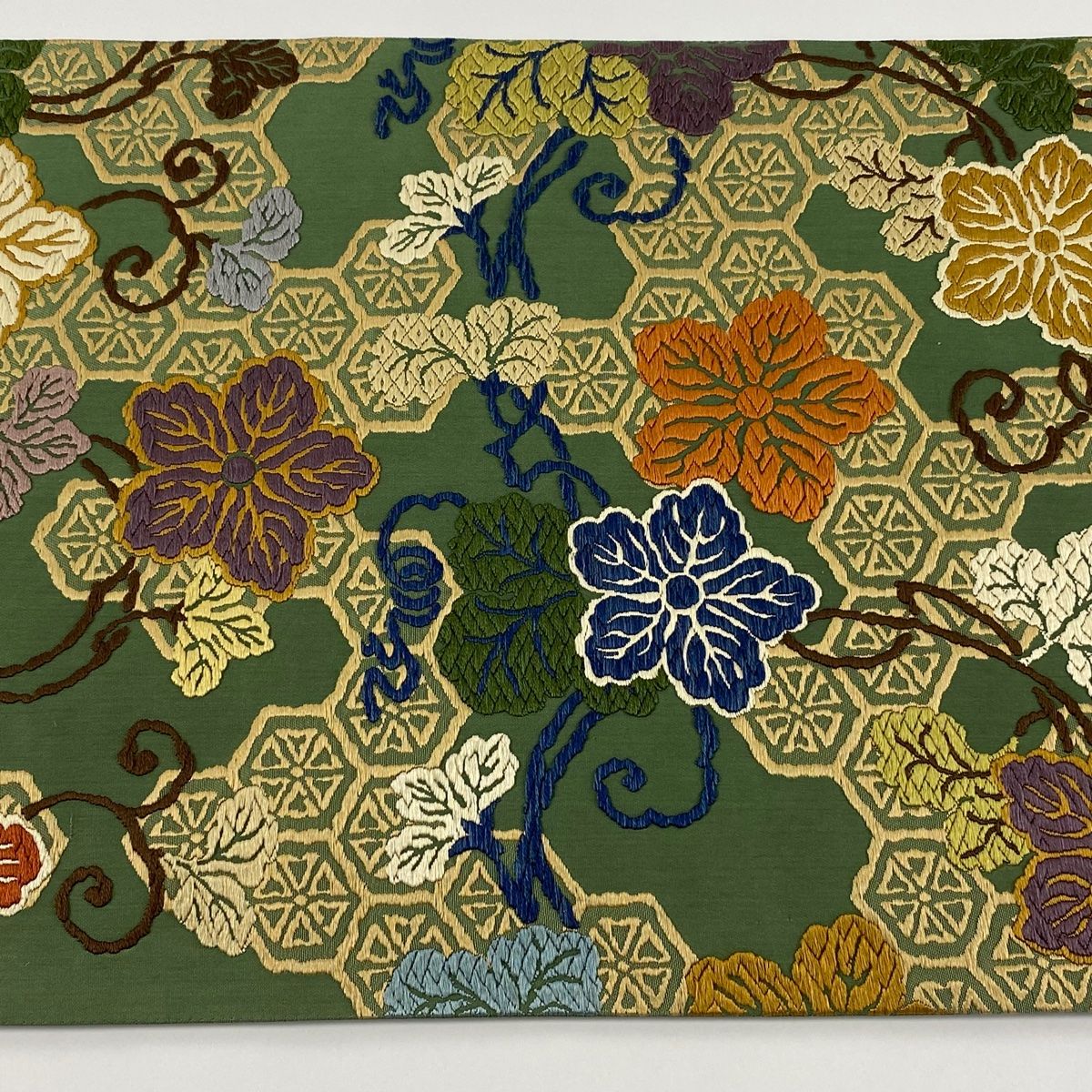 新品未使用 高級品 袋帯 正絹 唐織 手織り 亀甲に春秋花文様 グリーン地 袋帯 美品 逸品 桃山文化の粋 重要文化財 亀甲に夕顔文様唐織 本