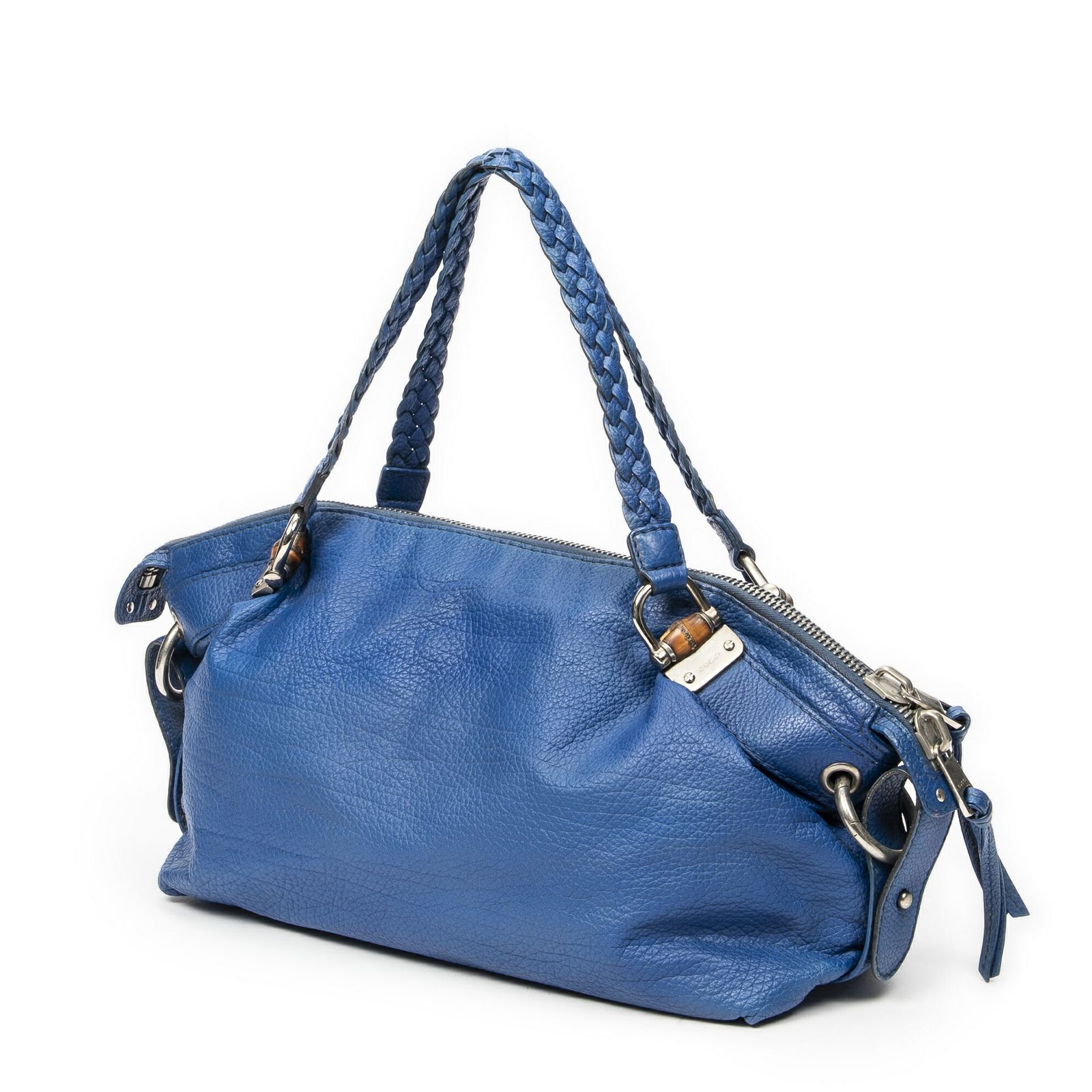 数回着用 GUCCI グッチ大バンブーバーバストンロイヤルブルースパイクカーフスキンレザーA