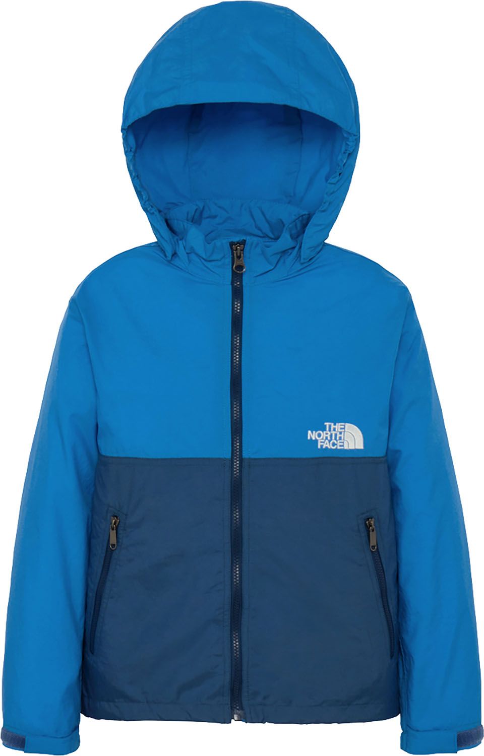 ザ ノース フェイス THE NORTH FACE アウトドア コンパクトジャケット 子ども服 ウィンドブレーカー アウター 上着 軽い はっ水 シンプル フード 取り外し 普段使い 外遊び キャンプ 記名ラベル NPJ2 CO クリアレイクブルー×マウ