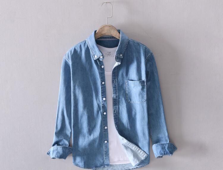 春夏新品　デニムシャツ　メンズ　長袖シャツ　ボタンダウンシャツ　細身　シンプル　コットン   ネイビー  M~4XL