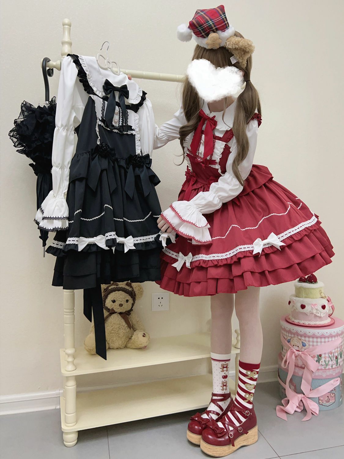 ロリータ Lolitaジャンパースカート 吊りスカート オリジナルデザイン 4色選択可 ブラック|ブルー|レッド|ピンク 可愛い 春秋冬用 JSK 吊りスカート ジャンスカ