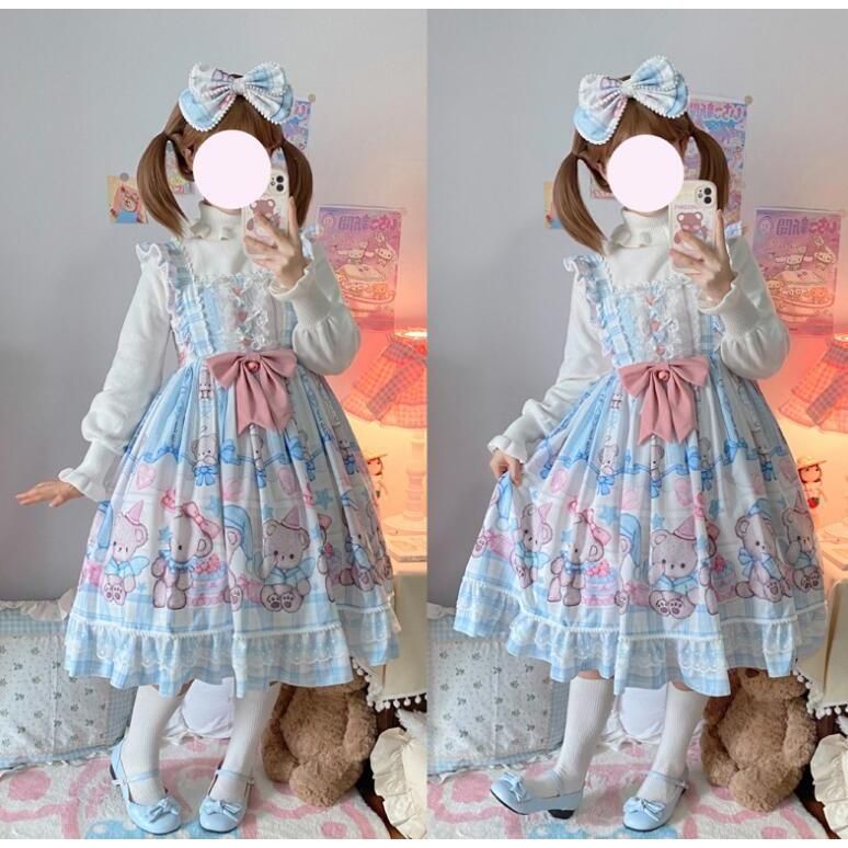 ロリータ ワンピース ジャンパースカート かわいい 膝丈 甘ロリ ゴスロリ ワンピース お姫様 フリル ロリータ服 Lolita レース リボン 裾フリル レディース コス