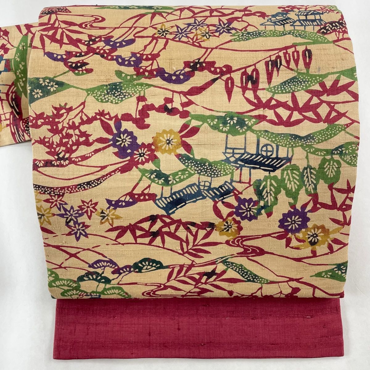 名古屋帯 秀品 紬地 家屋 笹 ベージュ 正絹