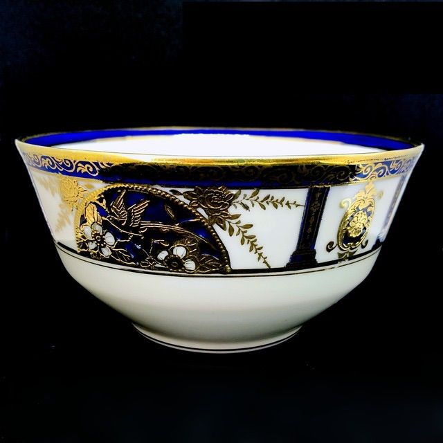公式 オールドノリタケ 金彩瑠璃地 金盛上 花鳥図ボウル