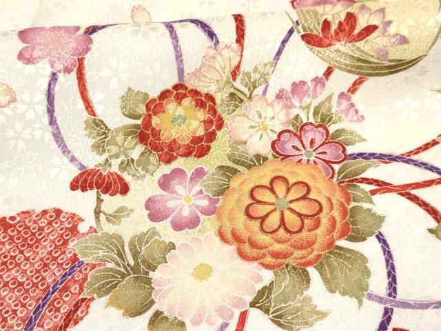 平和屋着物∵女の子 十三参り 子供 祝着 雪輪花丸文 金彩 洗える着物  