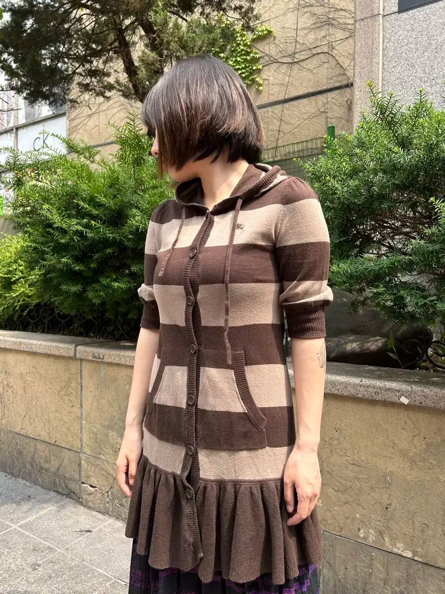 BURBERRY バーバリー チョコ 半袖 カーディガン フード ワンピース