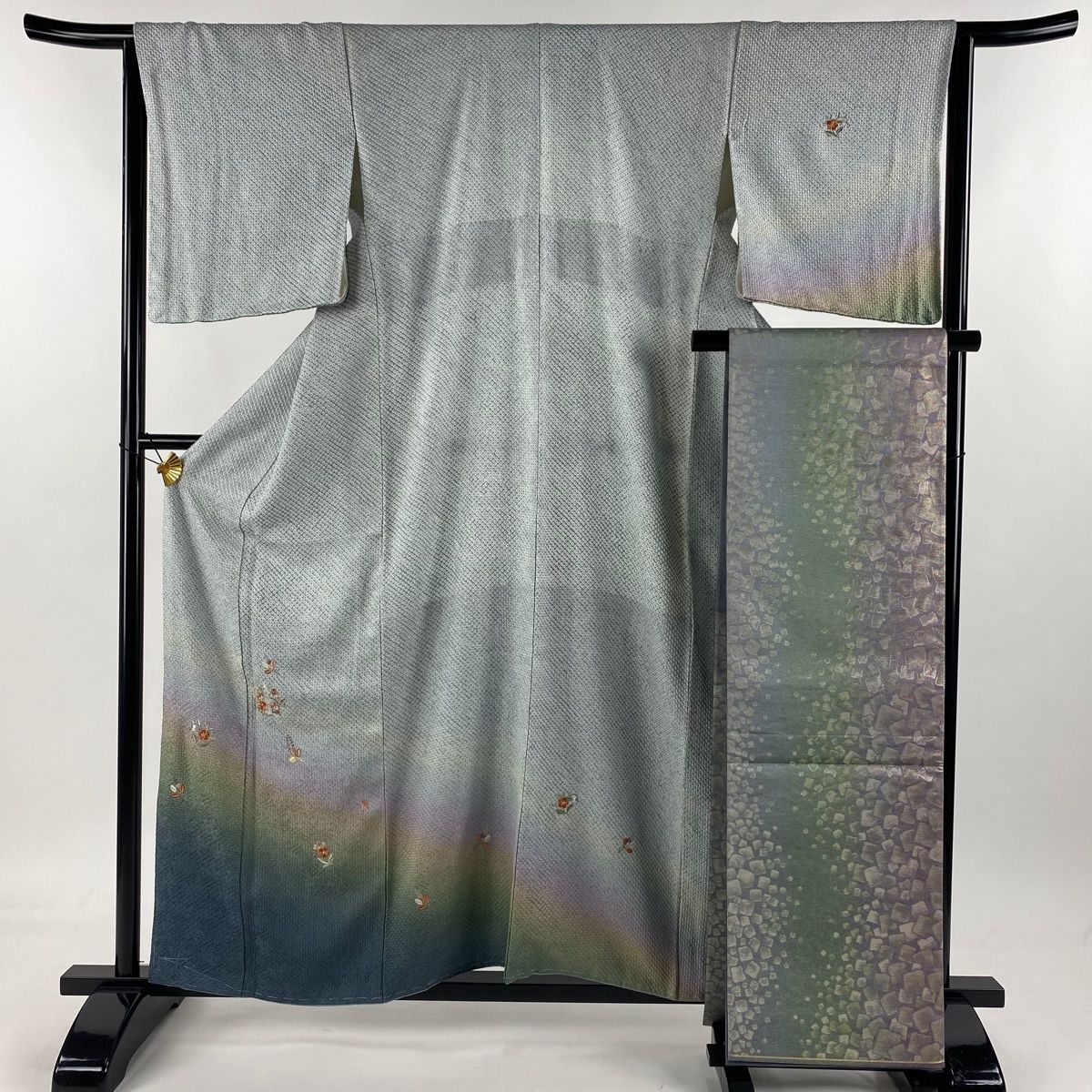 付下げ 身丈159.5cm 裄丈64cm M 袷 袋帯セット 花丸文 草花 刺繍 絞り 青灰色 正絹 秀品 【】