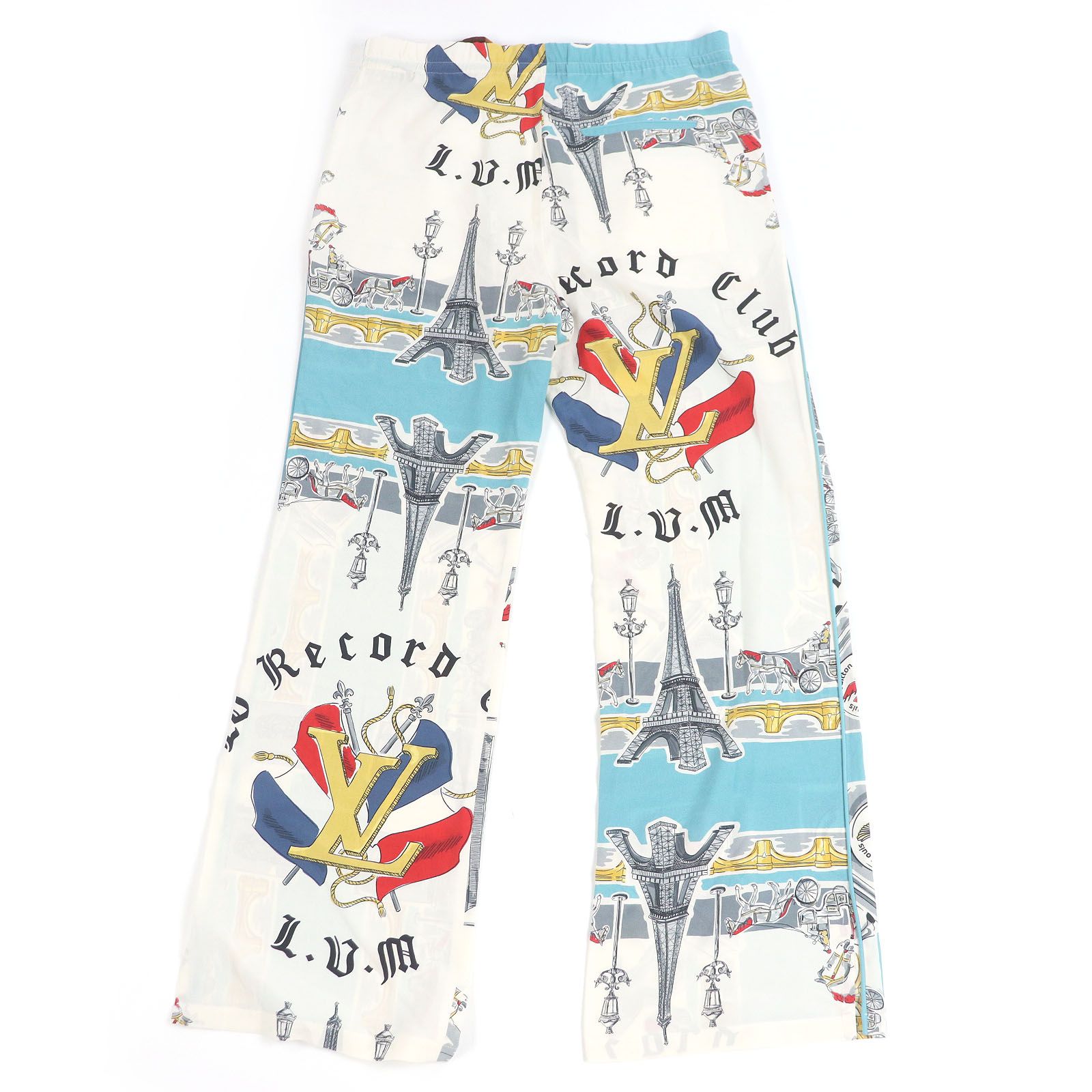 ♥品□LOUIS VUITTON ルイヴィトン 19AW シルク100％ LV 2054 凱旋門 エッフェル塔 総柄 パジャマパンツ ホワイト ライトブルー 42 イタリア製 正規品 メンズ