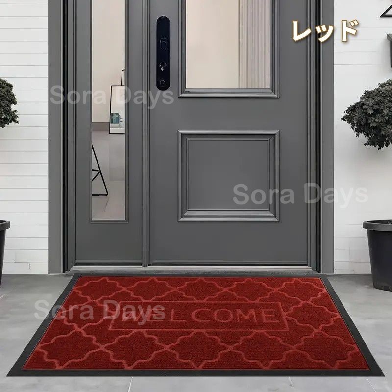 屋外ドアマット 玄関マット ウェルカムサイン ロゴ タイル柄 おしゃれ モダン 可愛い インテリア 北欧 泥落とし 汚れ取り 吸水性 滑り止め 室内 エントランス 洗える 手洗い可 四角 レッド カーキ ダークグレー ラバー ゴム ポリエステル 60×90cm