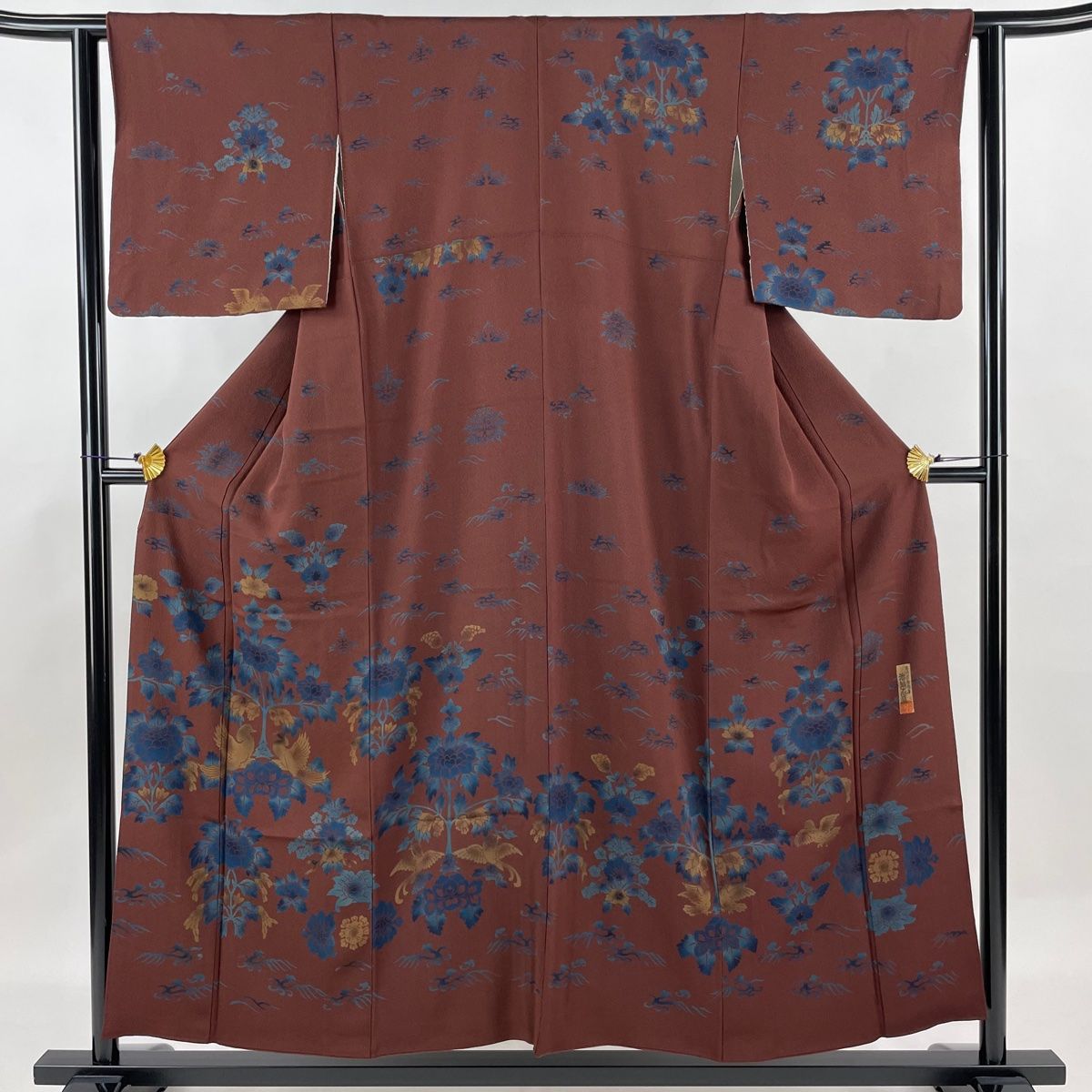 付下げ 身丈154cm 裄丈62cm S 袷 落款 草花 鳥 赤茶 正絹 美品 秀品  