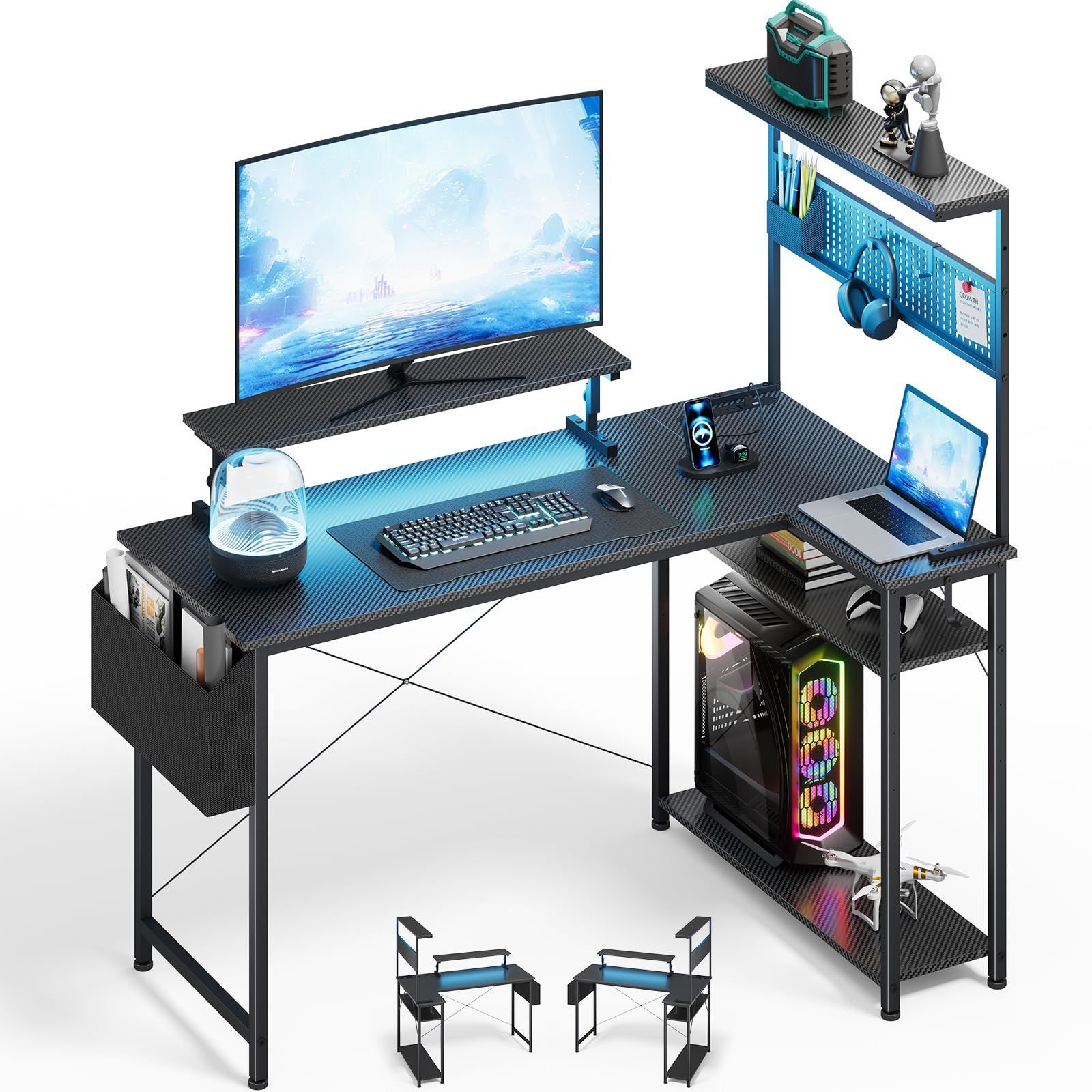 黒 幅107CM モニター台付き コンセント付き パソコンデスク 収納 棚付き ラック付き Ｌ字 PCデスク コーナーデスク 学習机 ゲーミングデスク 作業机 gaming desk DOMICON  在宅ワーク
