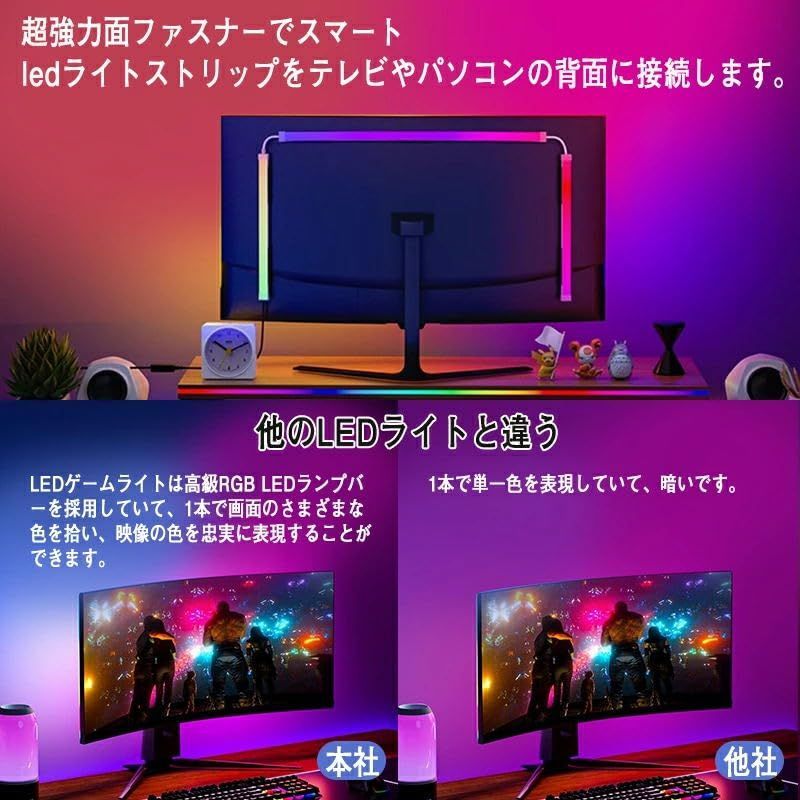 【在庫処分】調光 昼白色/昼光色/電球色 調色 1600万色 RGB マルチカラー 間接照明 映像音楽と同期 画面 ストリップライト ゲーミングライト ゲーミング、映画、娯楽必須 モニター対応 湾曲 24/27/30/32インチ LEDテープライト デスク雰囲