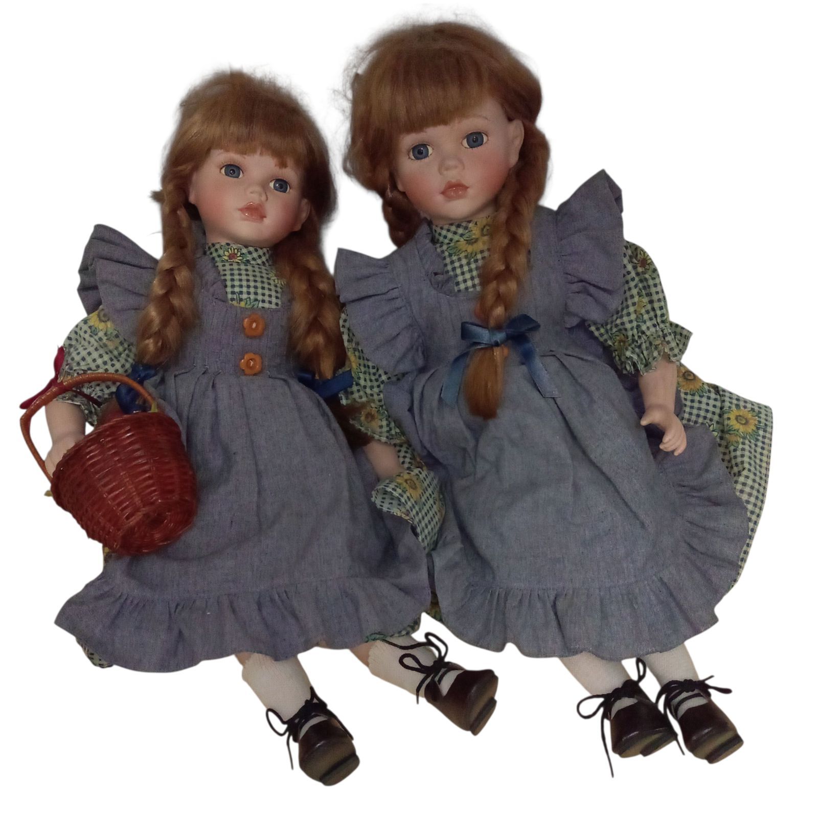 X10311 ビスクドール アンティークドール ペアの人形 陶器の人形 花かご付き