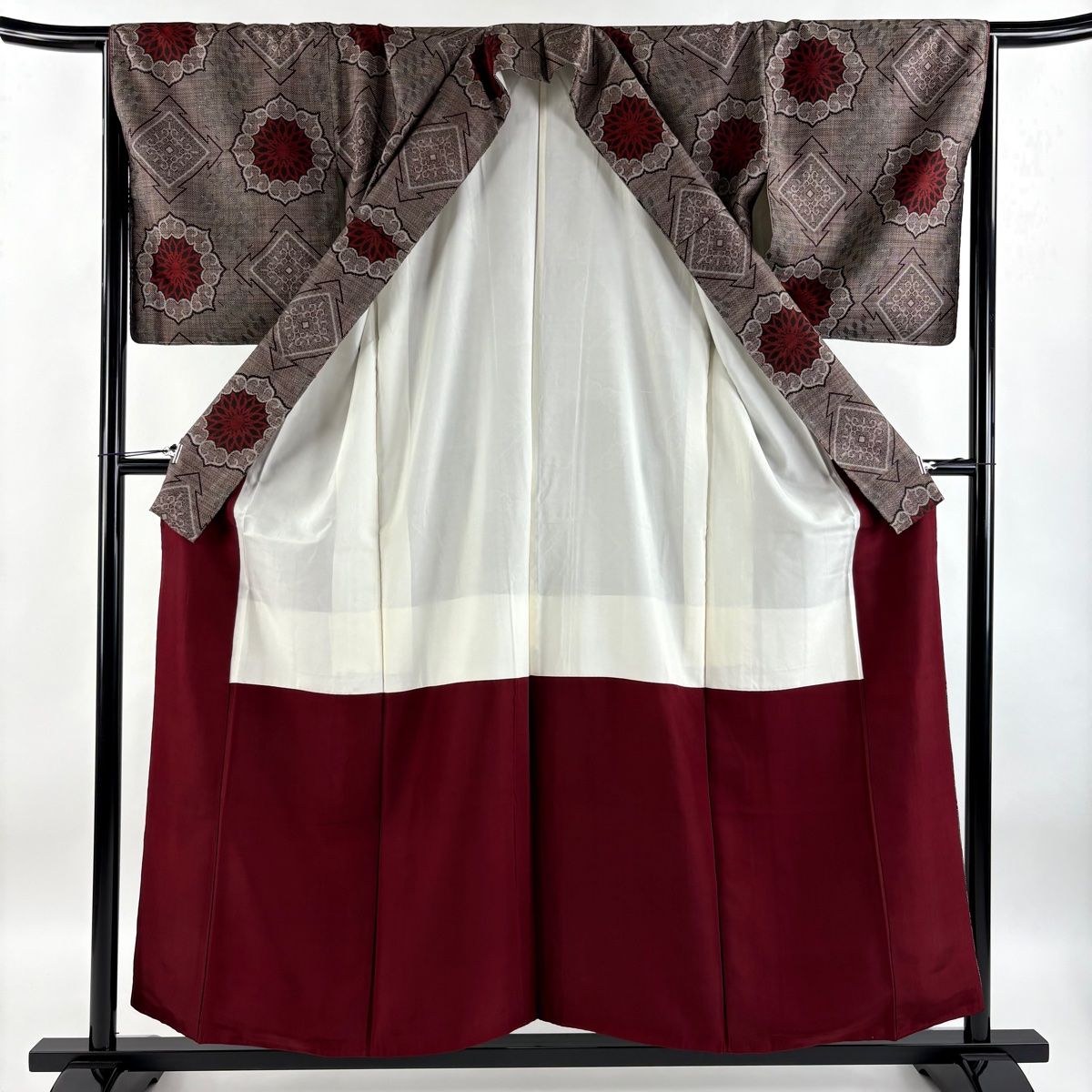 小紋 身丈157.5cm 裄丈66cm M 袷 紬地 扇 草花 刺繍 茶紫