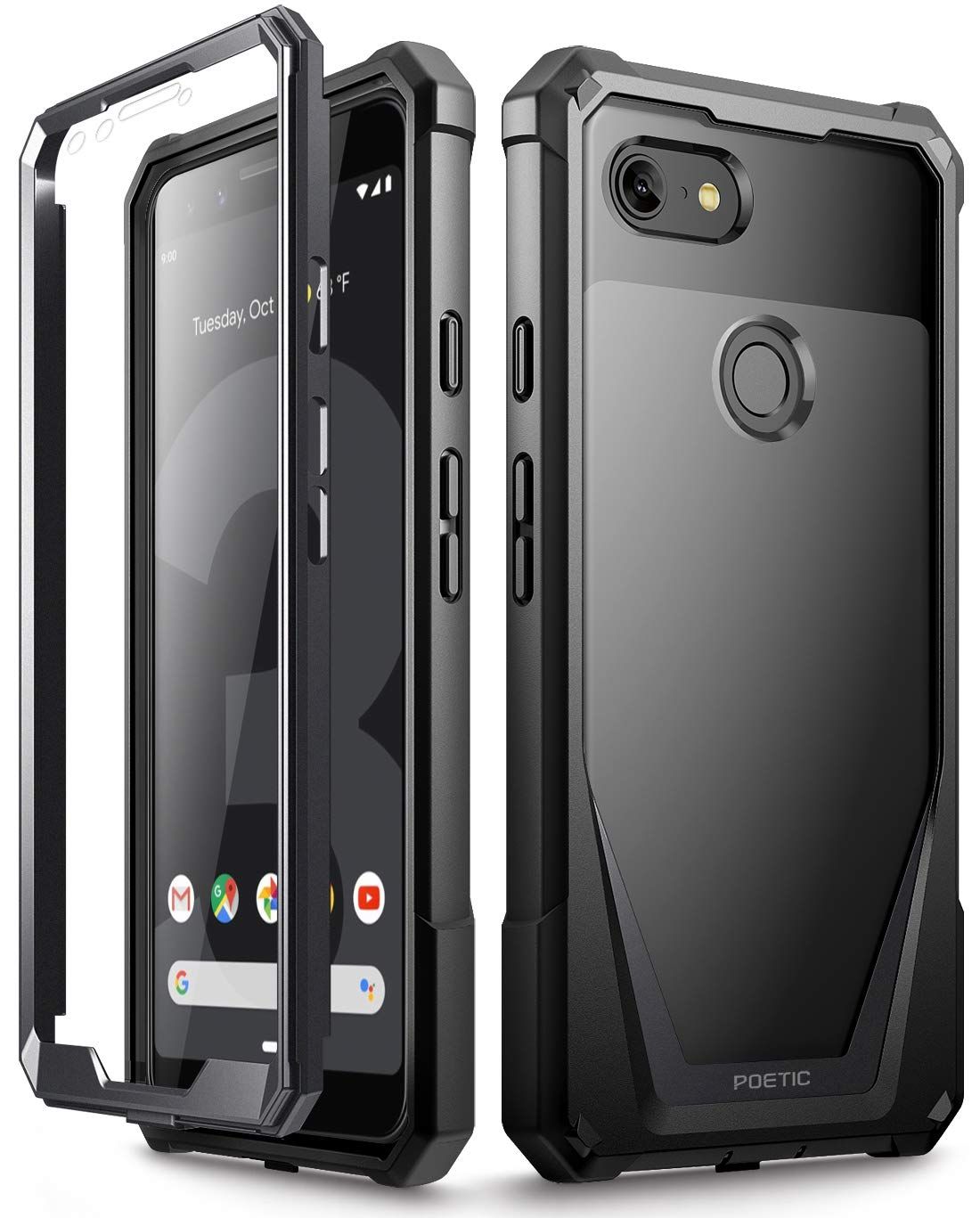 Google Pixel 3 ケース、Google Pixel 3 保護フィルム、傷がつかない360度プロテクション、耐衝撃、バンパー、防水カバー 携帯、Poetic Guardian Case、ブラック