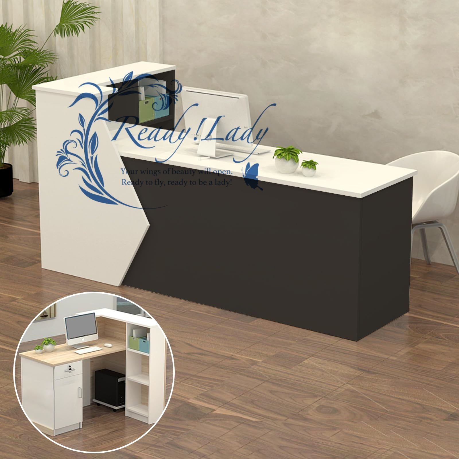 法人様向け 受付カウンター、レジカウンター、カウンターテーブル、鍵付き引き出し、キャビネット扉収納、広いスペース、衣料品店、美容院、商業カウンター、フロントデスクの受付、会