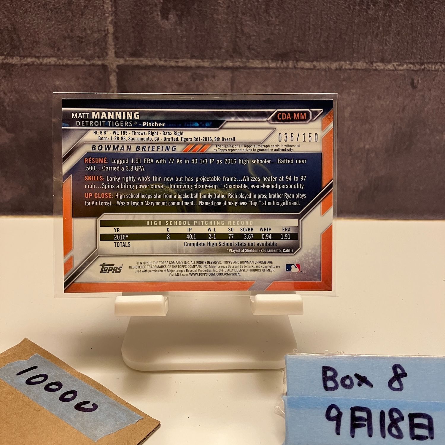 2016 Topps 1st Bowman Chrome Matt Manning 036 150 直筆サイン Detroit Tigers カード