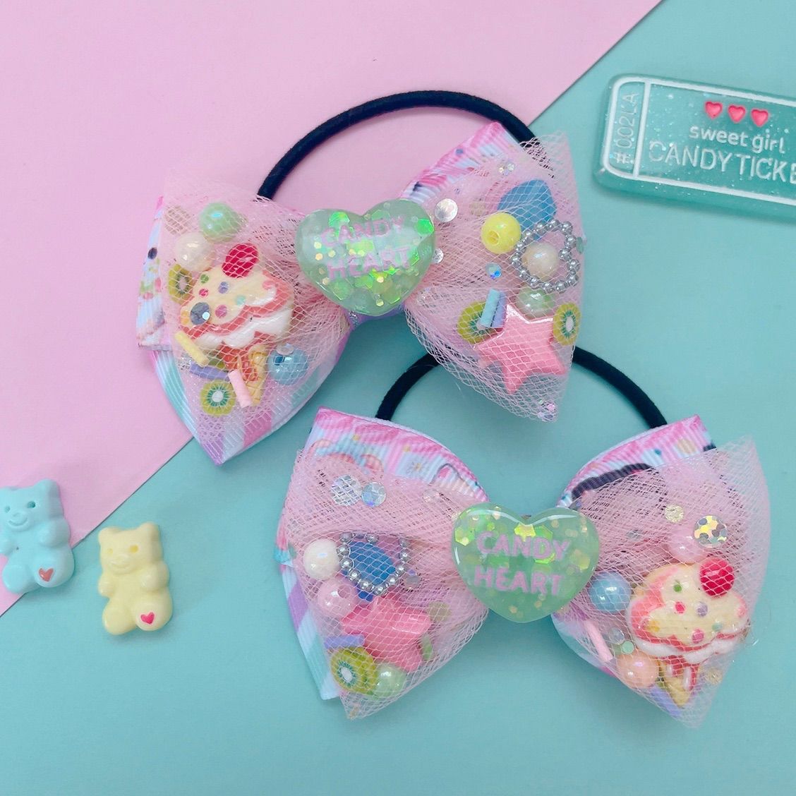 ゆめかわ チュールリボン ツイン ハンドメイド リボン ヘアゴム