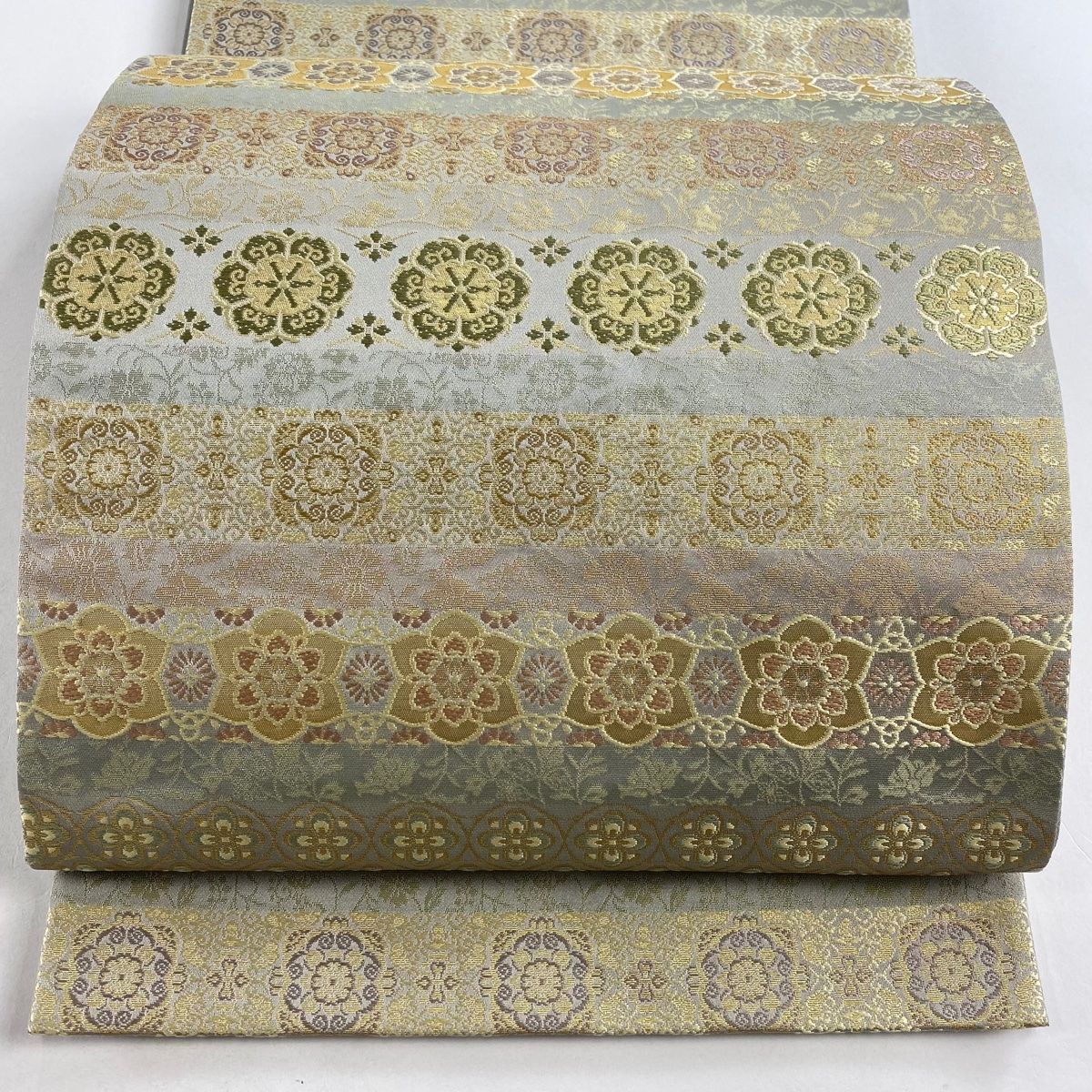 袋帯 名品 箔屋清兵衛 落款 悠久の美 名物裂紋様 箔 青灰色