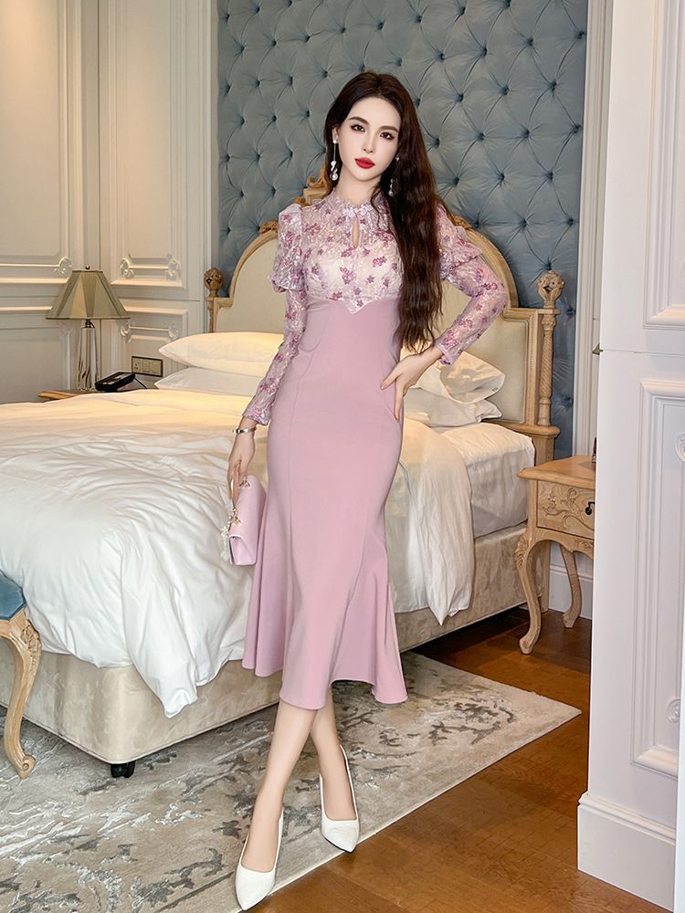 パイピングハイネック花柄ラメレースワンピースドレス Lakeパイピング