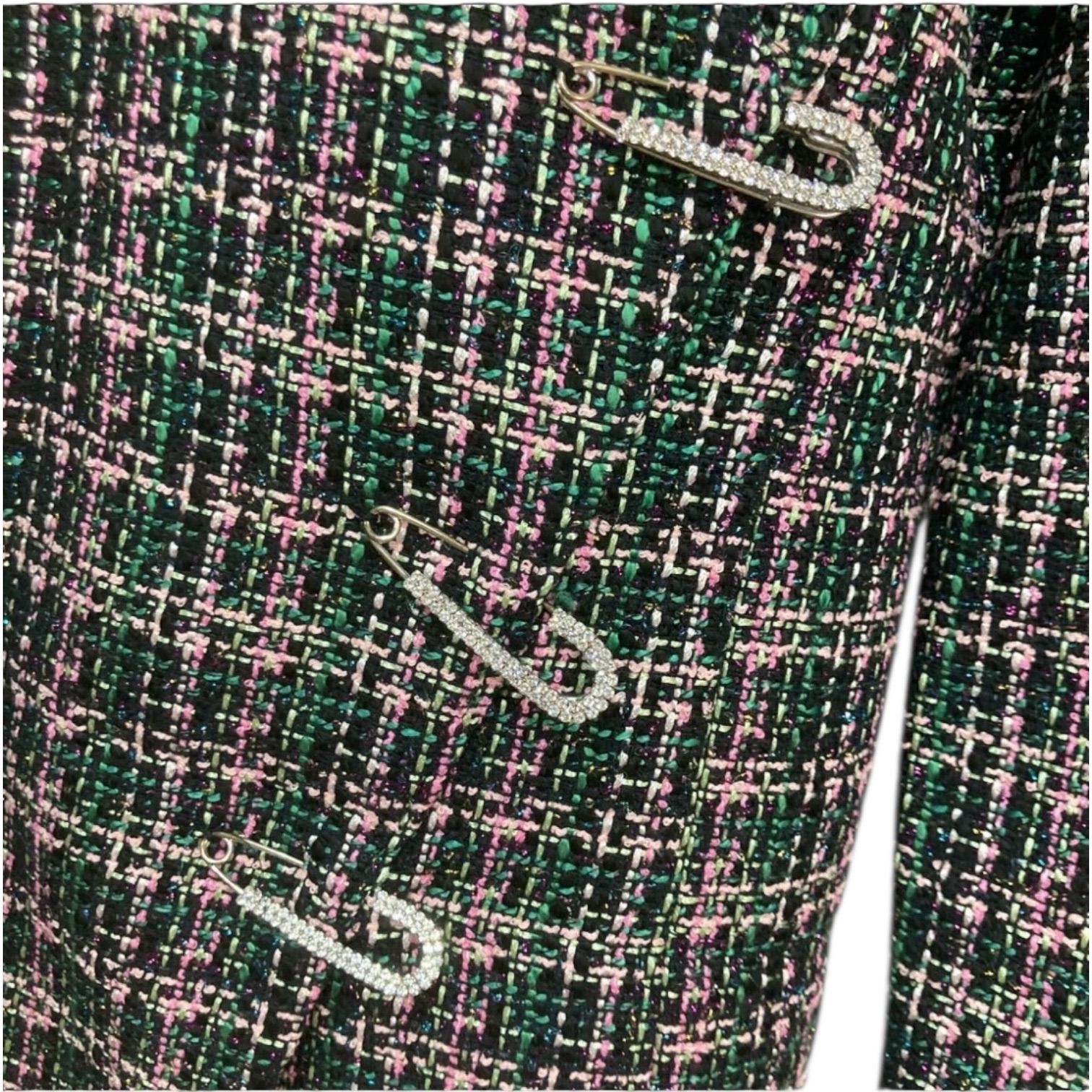 ノーカラーツイードジャケット ピンクグリーン ノーカラーツイード