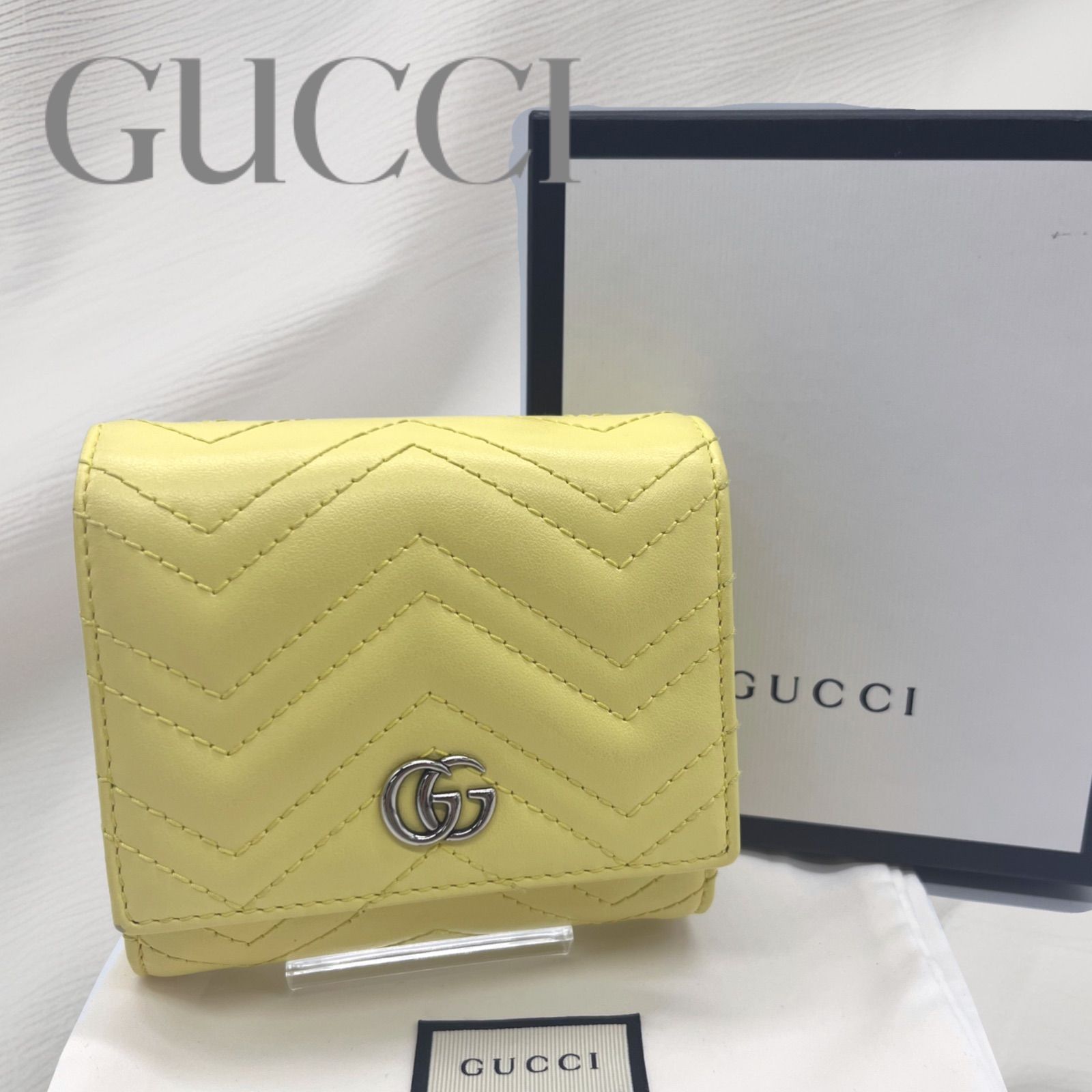 【極美品】GUCCI GGマーモント キルティング 2つ折り コンパクト イエロー 598629 グッチ GGマトラッセ コンパクトウォレット レザー