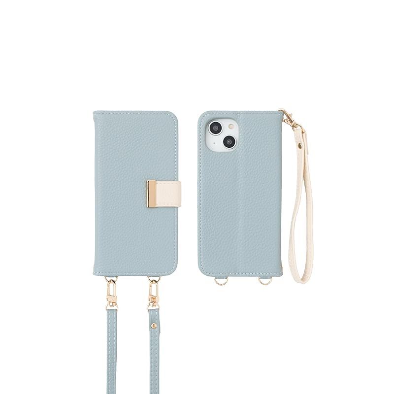 新品　MINTY iPhone14 ケース iPhone13 ケース 両機種対応 手帳型 ショルダー ストラップ バイカラー グレイッシュブルー×エクリュ