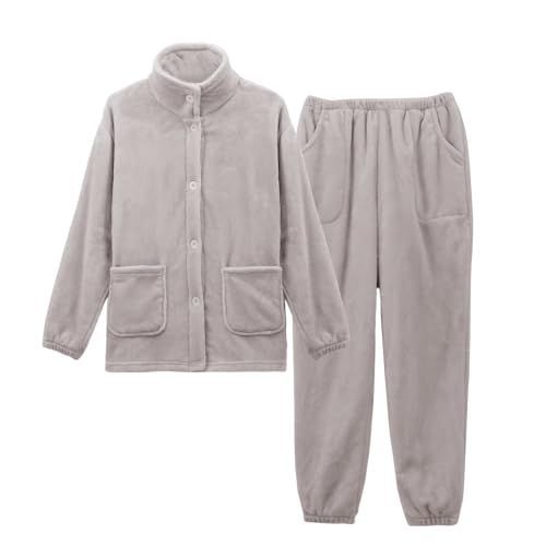 Size M_Color メンズ ライトグレー WULFUL パジャマ メンズ レディース ルームウェア 上下セット 裏起毛 暖かい 秋 冬 部屋着 前開き セットアップ フランネル 着る毛布 長袖 2wayネック 男女兼用 静電気防止 プレゼント モコモ