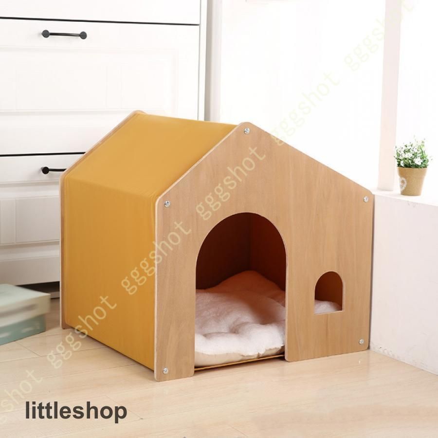 ペットハウス ハウス 小屋 W52×D47×H50cm 屋根付き ペットベッド ペットベット 犬 猫 ペット クッション付き 天然木 木製 ペット用ハウス ペット用ベッド