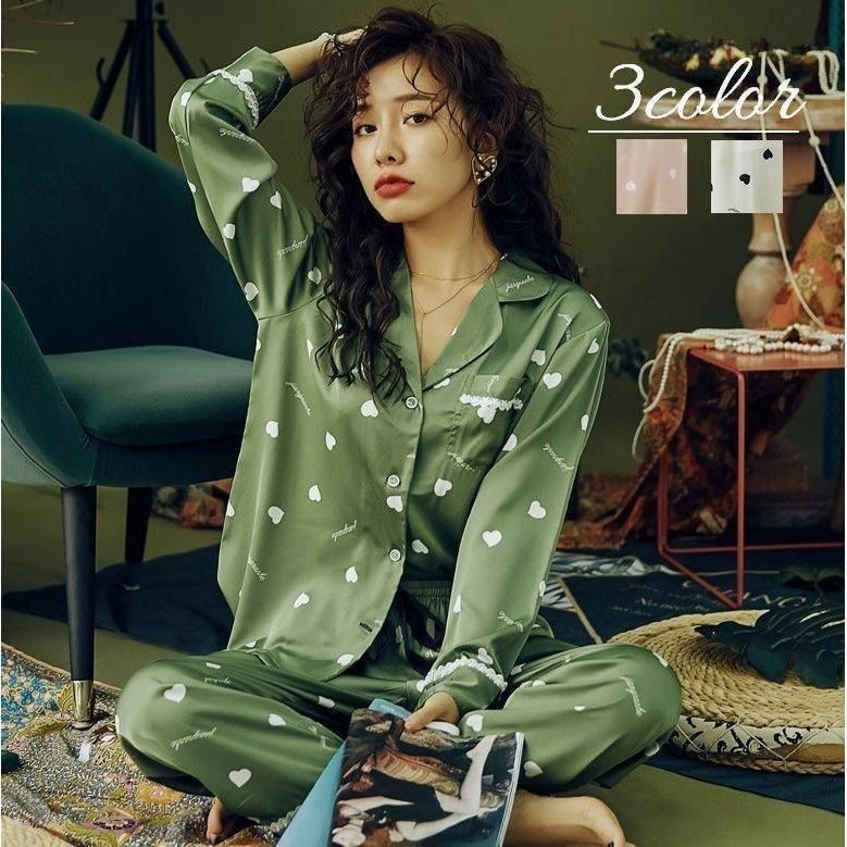 パジャマ 上下セット ルームウエア レディース ハート 部屋着 ルームウェア 長袖 長ズボン 前開き 襟つき 柄入り ポケットつき 女性用 婦人用 ナ