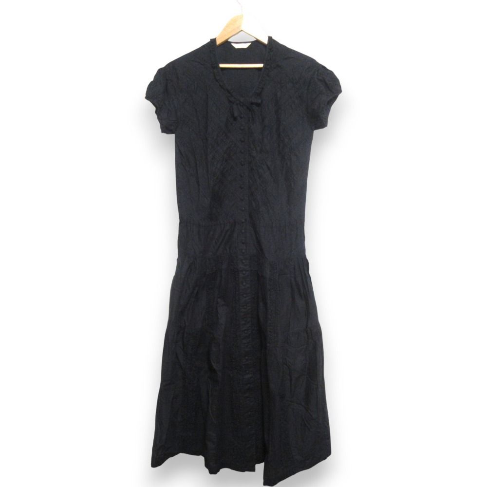 PINK HOUSE ピンクハウス リボン ピコフリル レース 半袖 ロングワンピース ブラック レディース 古着