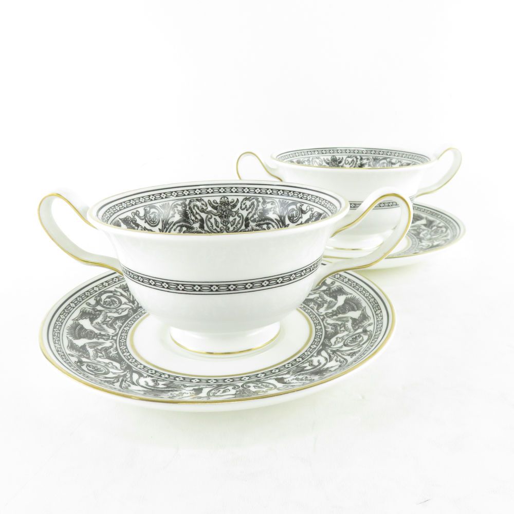 WEDGWOOD ウェッジウッド フロレンティーンブラック スープカップ＆ソーサー 2客 ペア ダブルハンドル 金彩 黒壺 SU6473C
