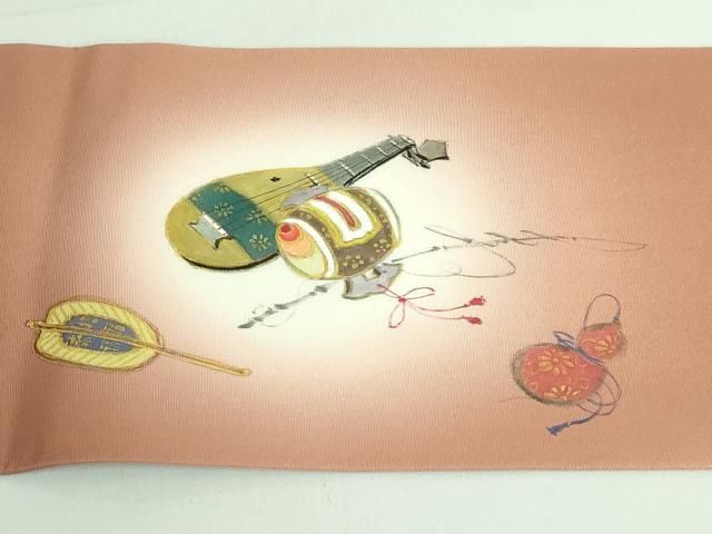 平和屋着物□極上 塩瀬 九寸名古屋帯 手描き 七福神 深支子色地 逸品