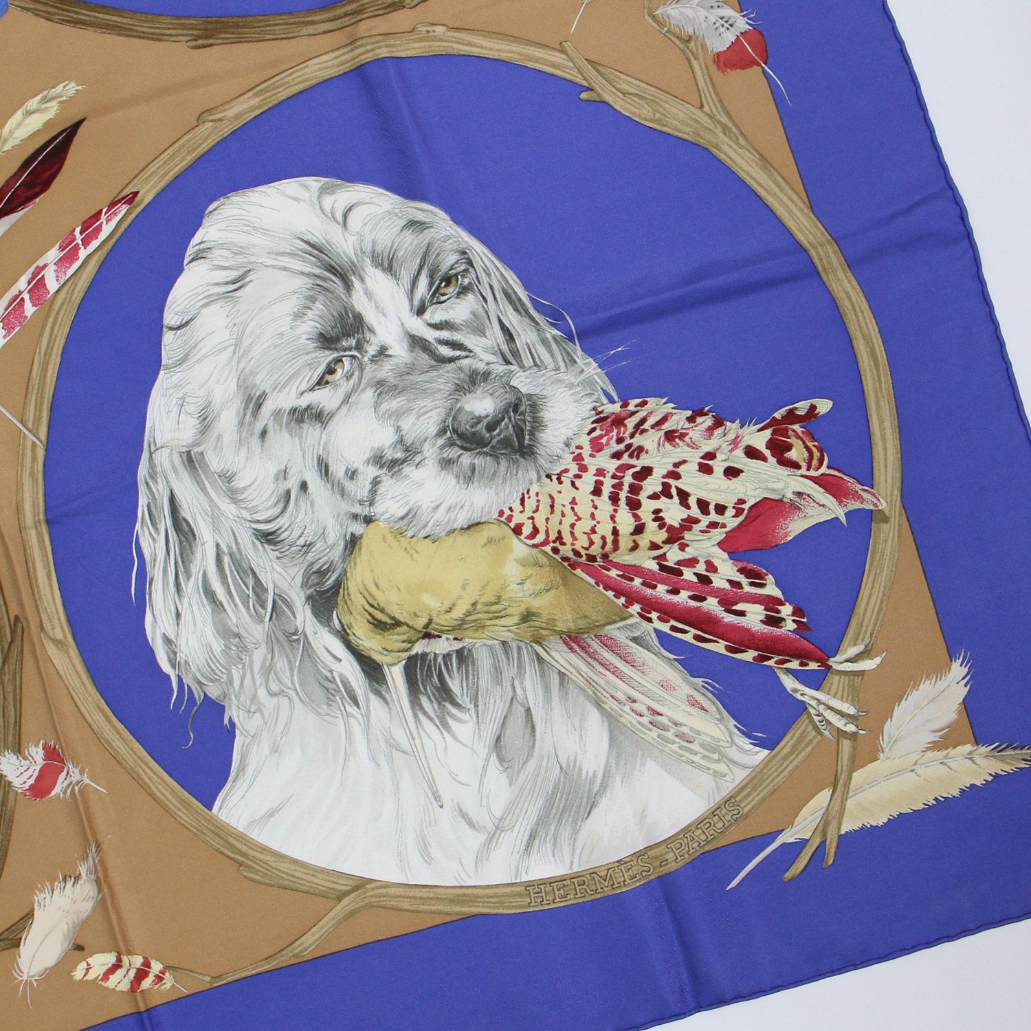 HERMES エルメス スカーフ 大判 シルク ブルー系 正方形 プリント カレ