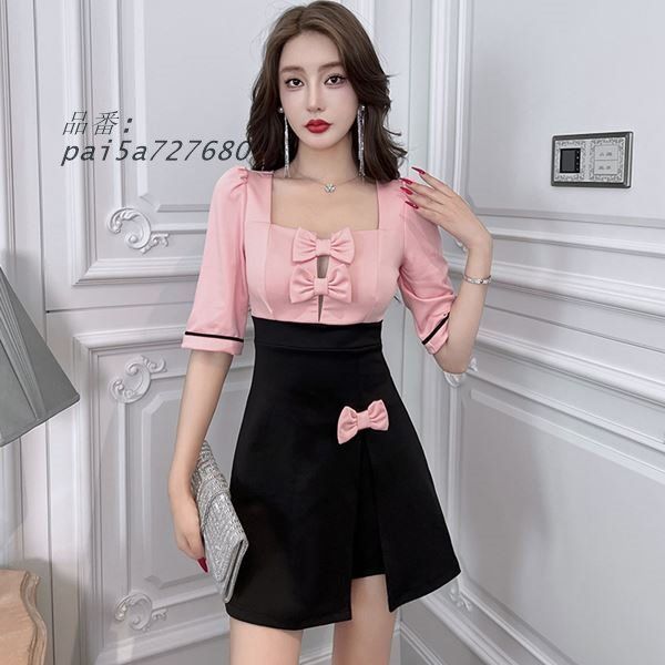 セクシー ワンピ キャバ ドレス ミニドレス 大きいサイズ 3L S 4L M 2L 胸元リボンデザイン バイ 切り替えセクシーミニ丈ドレス サイズ L pai5a727680