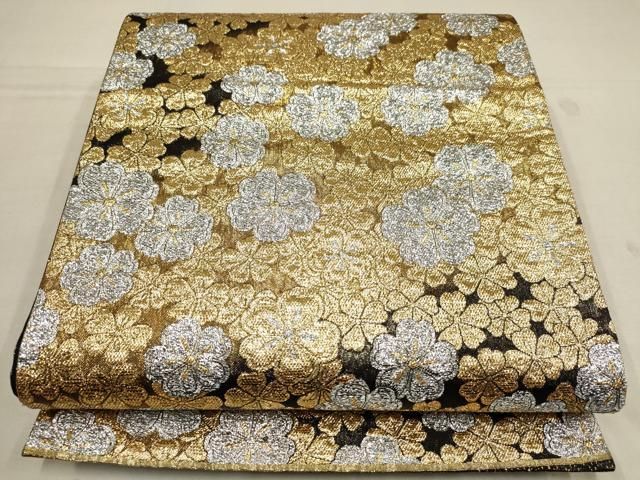 袋帯 正絹 金糸銀糸 黒地 菊に花 六通 U-4804 袋帯 正絹 金糸銀糸 黒地 菊に花 六通 U-4804