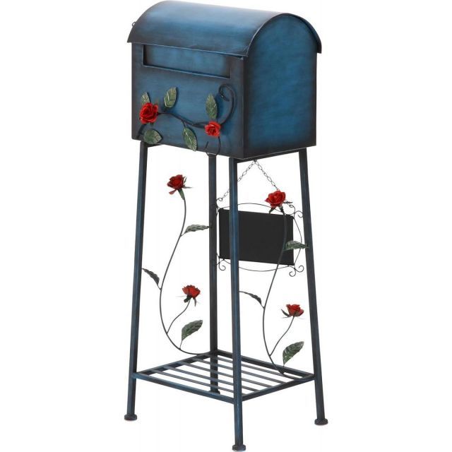 不二貿易 郵便ポスト メールボックス 郵便受け ポスト ローズ ブルー アンティーク風 棚付き 黒板付き 横型 スチール 96760