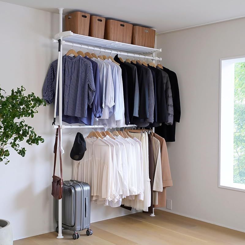 山善 YAMAZEN 突っ張り ラック ポールハンガー ハンガーラック ダブル 棚付き 簡単設置 ワンタッチ突っ張り 縦横伸縮 幅103-160×奥行32×高さ190-260cm 収納棚 大容量 頑丈 衣類 収納 組立品 ホワイト WJT-775R WH 1