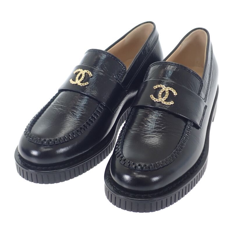 CHANEL 24|25 クルーズコレクション ローファー シャイニークランプル カーフスキン ブラック ゴールド金具 35 1|2