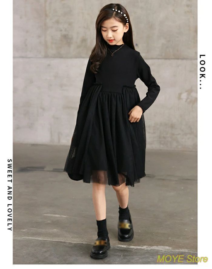 【定番，新作登場】 人気子供服◇長袖 ワンピース 黒◇フォーマルドレス 入学式 入園式 卒業式 卒園式 発表会 結婚式 プルオーバー 子ども服 冠婚葬祭 黒 秋 冬 チュールスカート 女の子 キッズ用 110cm 120cm 130cm 1 スカート