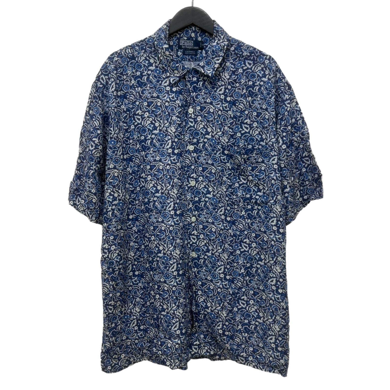 GM722  POLO RALPH LAUREN ポロ ラルフ ローレン 半袖 シャツ トップス 羽織り レーヨン100% ネイビー系 総柄 メンズ L