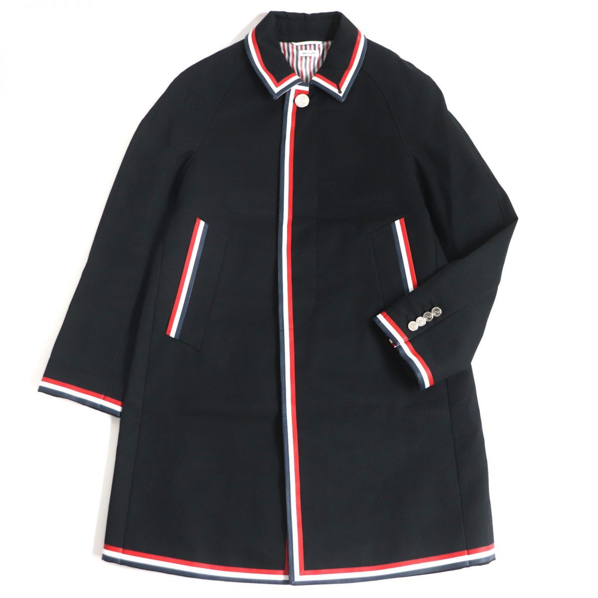 良品THOM BROWNE/トムブラウン トリコロール シルバー錨ボタン フライフロント コットン ステンカラーコート ブラック 日本製 正規品  t17-st30329-053