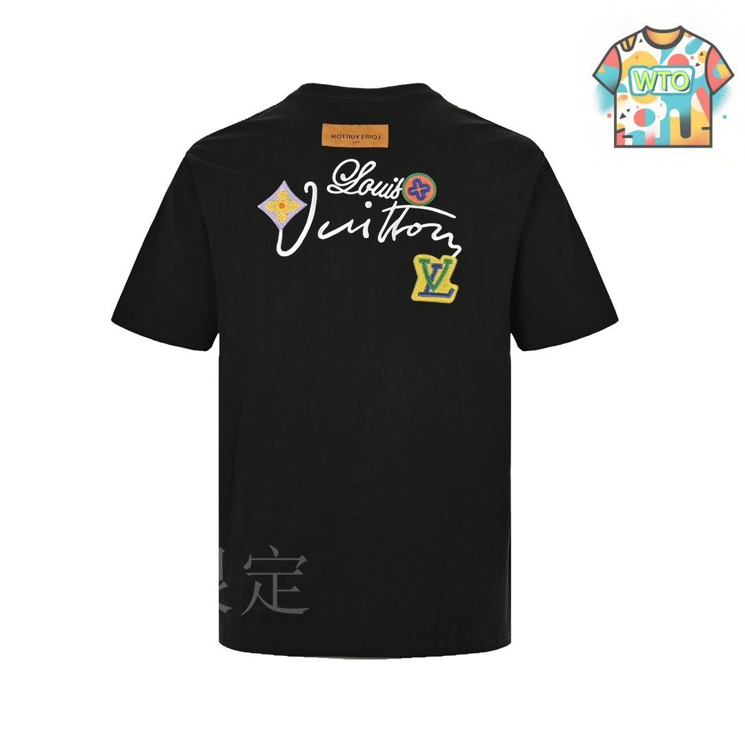 LOUIS VUITTON 黒 Tシャツ フラワーモチーフ刺繍 Monogram Flowers Embroidered Short-Sleeved Shirt - Men