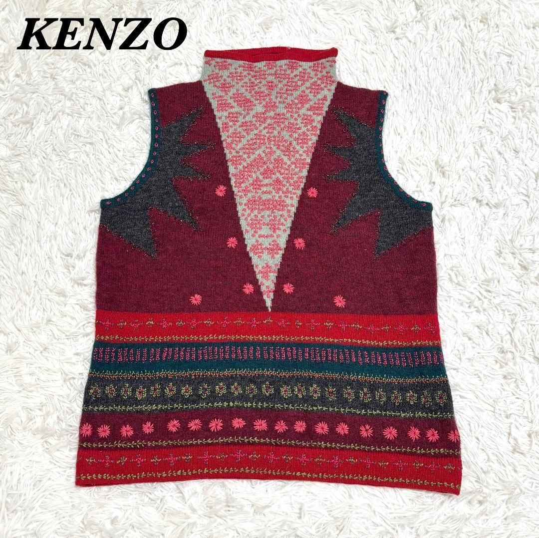 KENZO ハイネック ベスト 羊毛 ウール ラメ刺繍 レッド 総柄