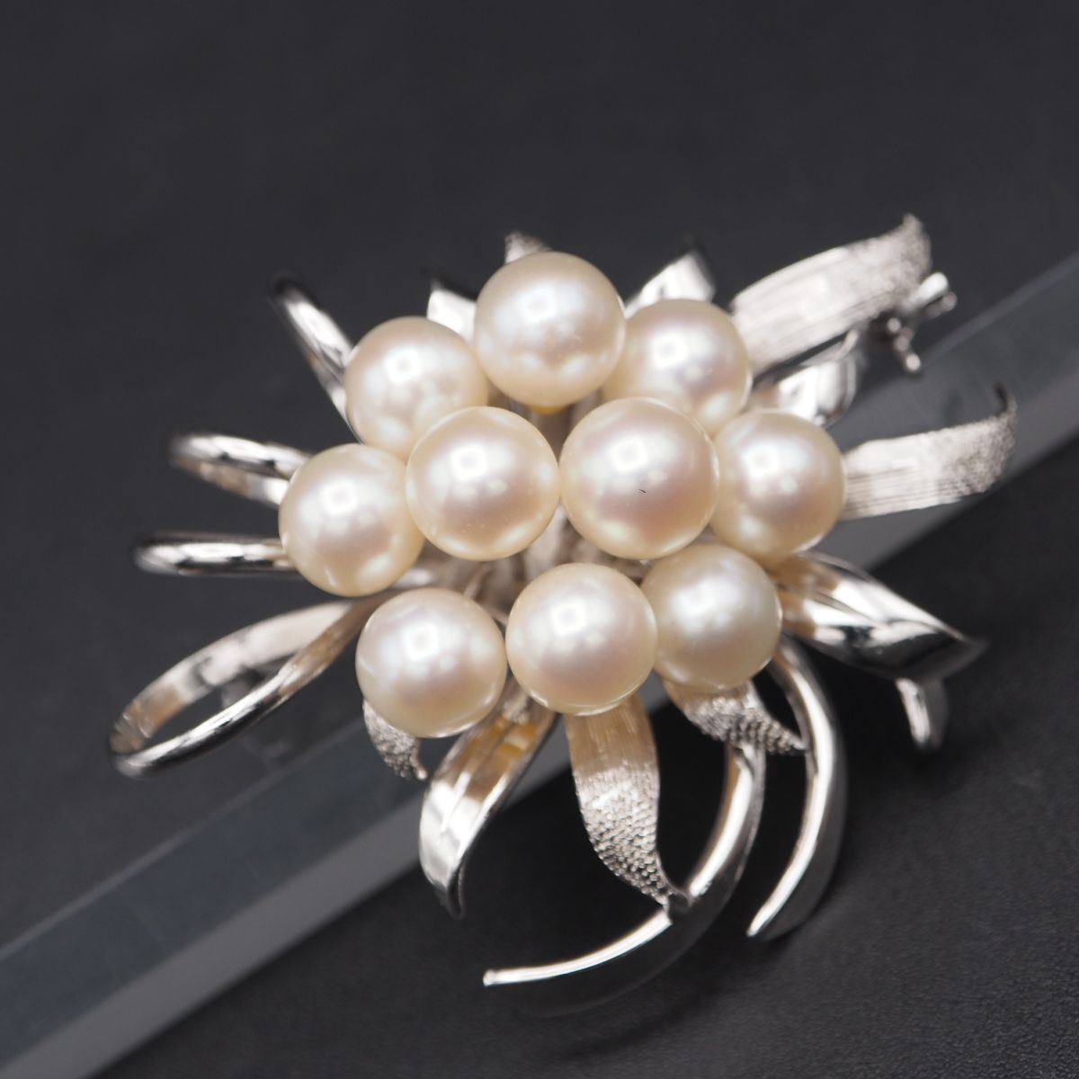 G175 本真珠 7.2-7.9mm10珠 パール STERLING刻印 ブローチ デザイン シルバー コサージュ 6月誕生石