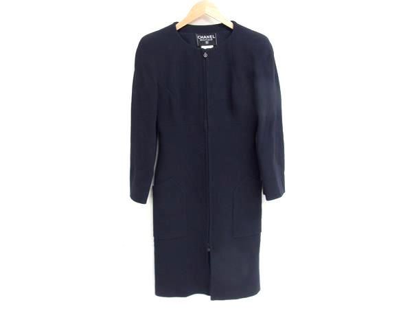 CHANEL シャネル P09323 ココマーク ウール ロング ジャケット 上着 サイズ 38 洋服 レディース ネイビー系 FM0718