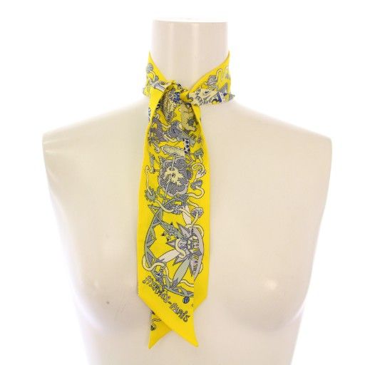 エルメス HERMES ツイリー LA FOLLE PARADE スカーフ シルク 総柄 黄色 イエロー BB OH