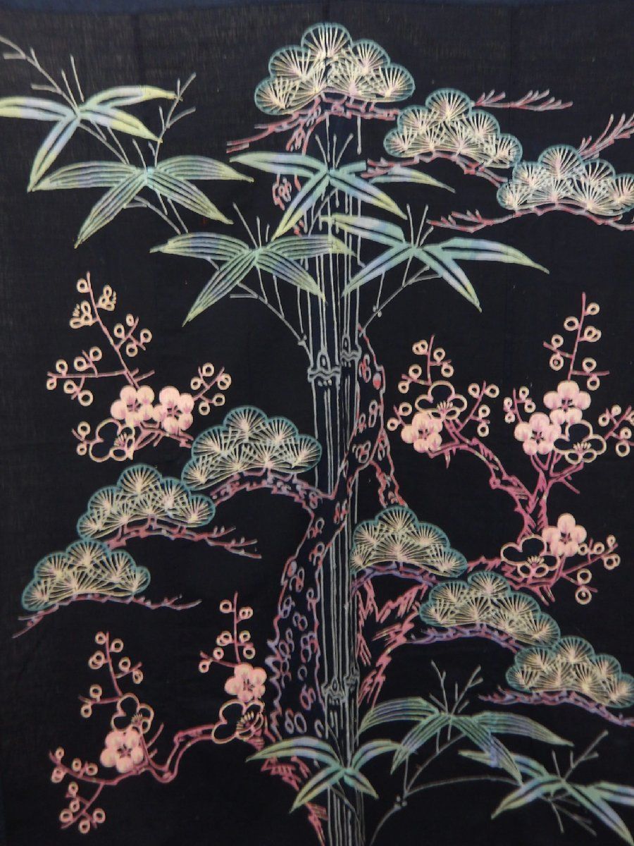 P40357 古い 筒描き 木綿 藍染め ４巾 額縁仕立て 古布古裂 ｋ