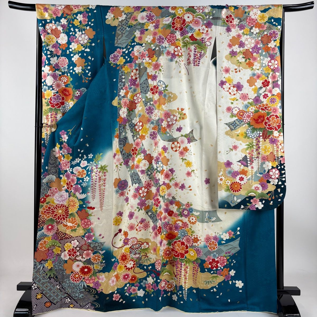 振袖 身丈169.5cm 裄丈68cm L 袷 菊 扇面 金糸 銀通し 青緑 正絹