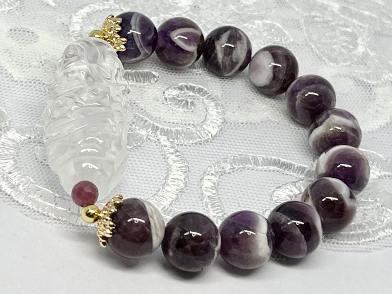 希少☆水晶 菩薩天珠 手彫り ケープアメジスト ルビー入 ブレスレット